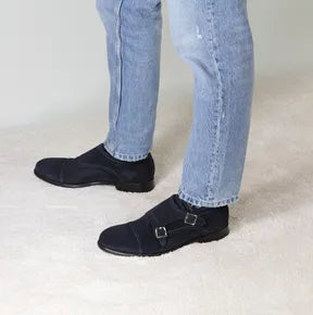 Men’s Double-Buckle Blue Suede Formal Shoes