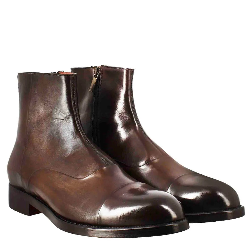 Chocolate Brown Leather Men’s Ankle Boots with Zip