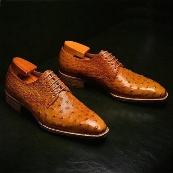 Handmade Men’s Tan Ostrich Leather Derby Shoes