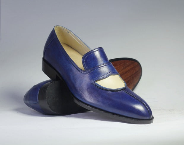 Men’s Stylish Blue & Beige Patina Slip-On Moccasins