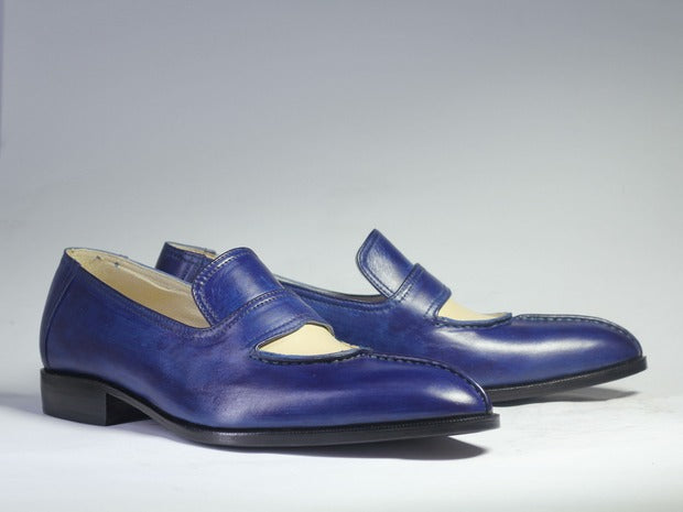 Men’s Stylish Blue & Beige Patina Slip-On Moccasins