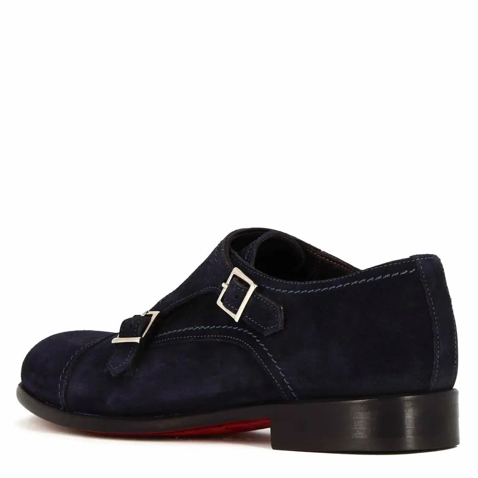 Men’s Double-Buckle Blue Suede Formal Shoes