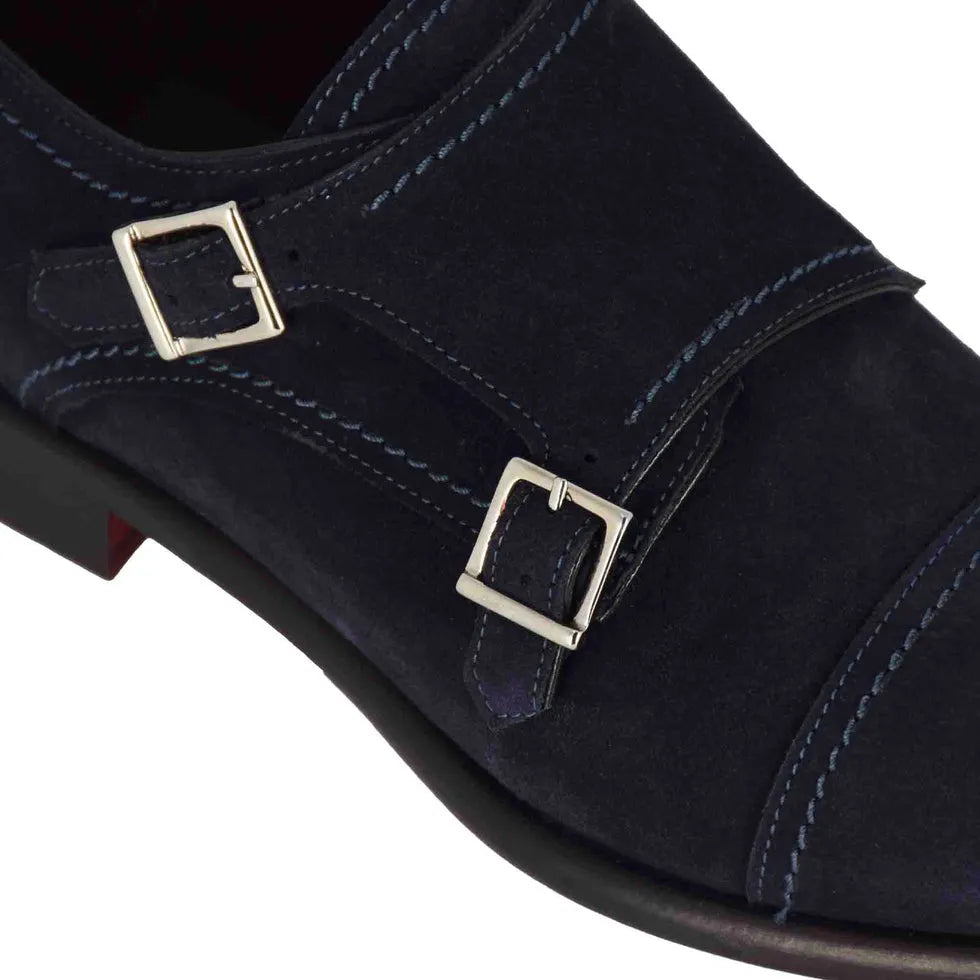 Men’s Double-Buckle Blue Suede Formal Shoes