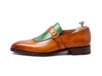 Men’s Brown-Green Leather Monk Strap Loafers