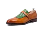 Men’s Brown-Green Leather Monk Strap Loafers - Image 3