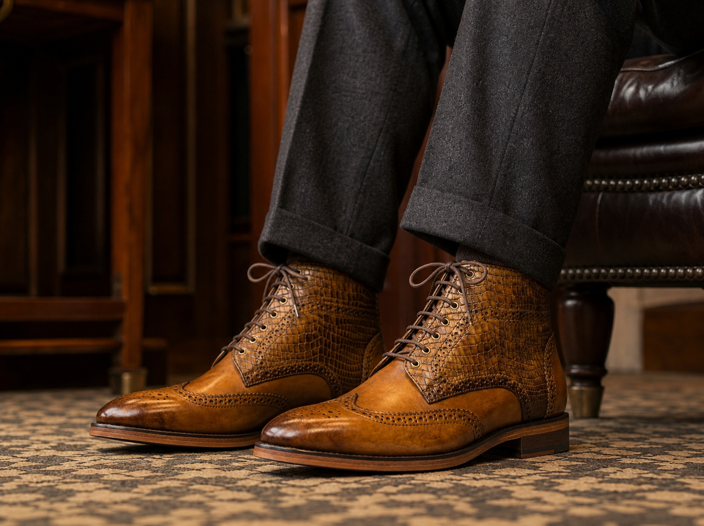 Richmond Croc Wingtip Boot styled, secondary view