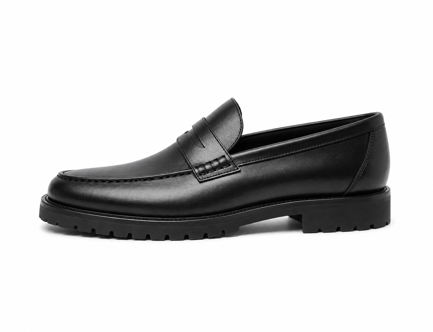 Alderwick Loafer - White BG Side Profile Alderwick — Black Calf Lug-Sole Penny Loafer - Image 1