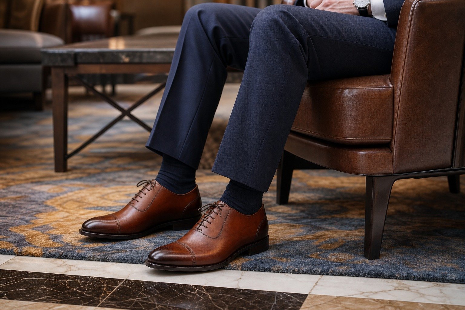 Ambermont Chestnut Adelaide Oxford styled with navy trousers