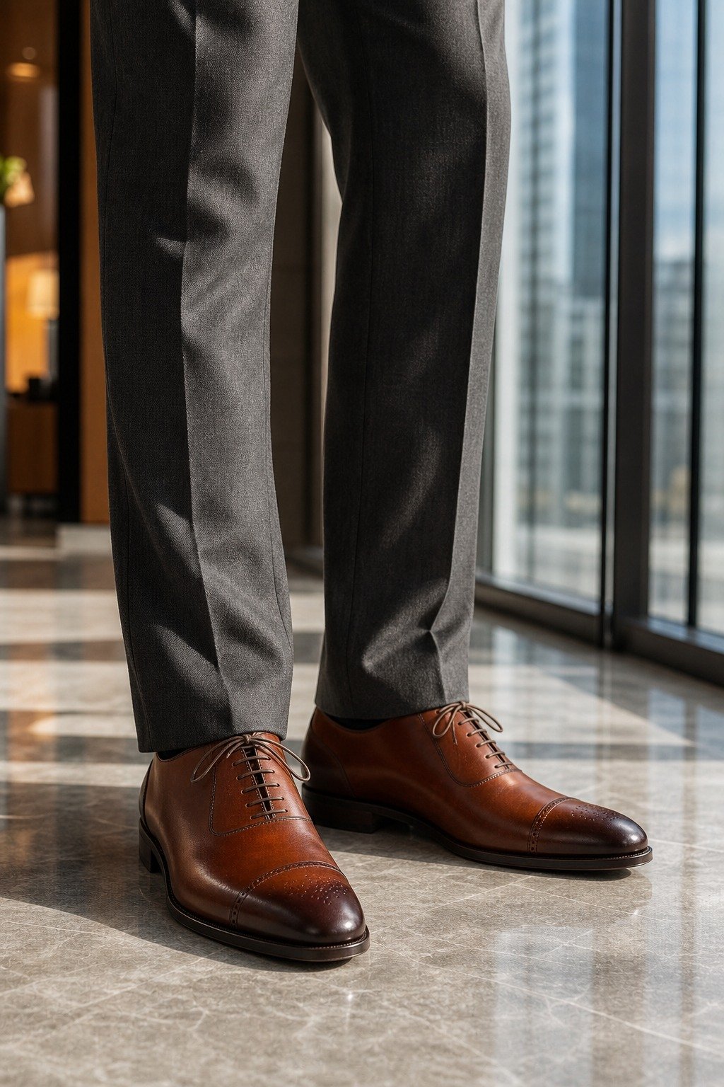 Ambermont Chestnut Adelaide Oxford styled with tailored grey trousers