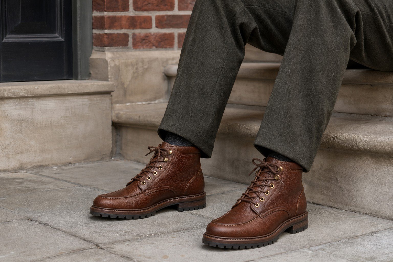 Ashvale Chestnut Grain Moc-Toe Boot styled seated on steps