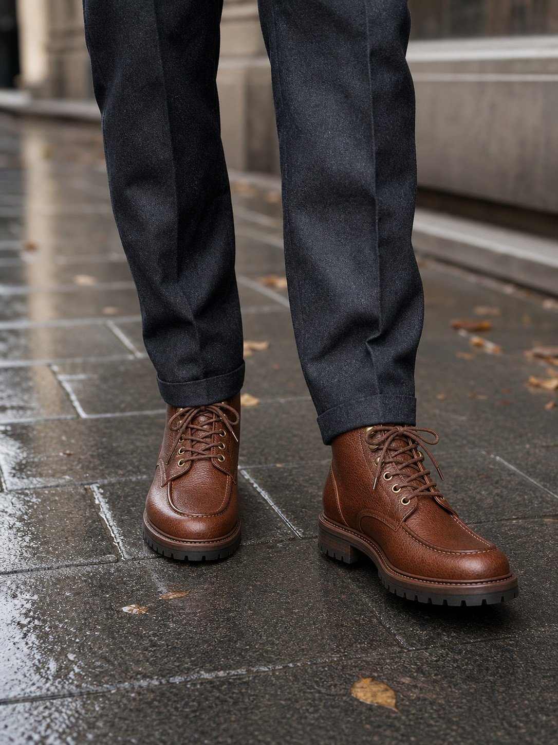 Ashvale Chestnut Grain Moc-Toe Boot styled with tailored trousers