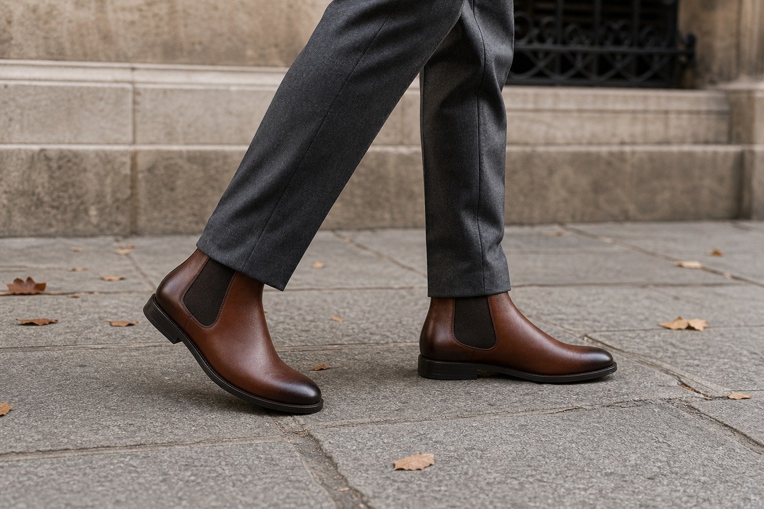 Aureldale Museum Brown Wholecut Chelsea Boot styled with tailored trousers
