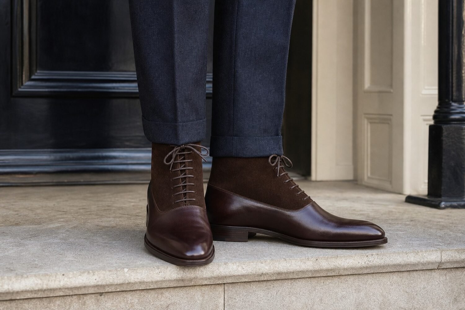 Balmorian Dark Brown Calf Suede Balmoral Dress Boot styled - lifestyle secondary
