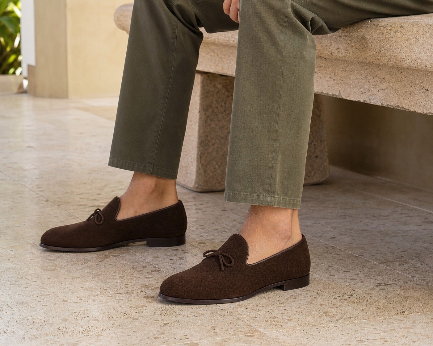 Bellamont Chocolate Suede Belgian Loafer styled, secondary view