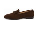 Bellamont Chocolate Suede Belgian Loafer - White BG Side Profile