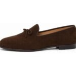 Bellamont Chocolate Suede Belgian Loafer - White BG Side Profile
