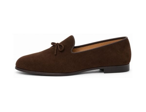 Bellamont Chocolate Suede Belgian Loafer - White BG Side Profile