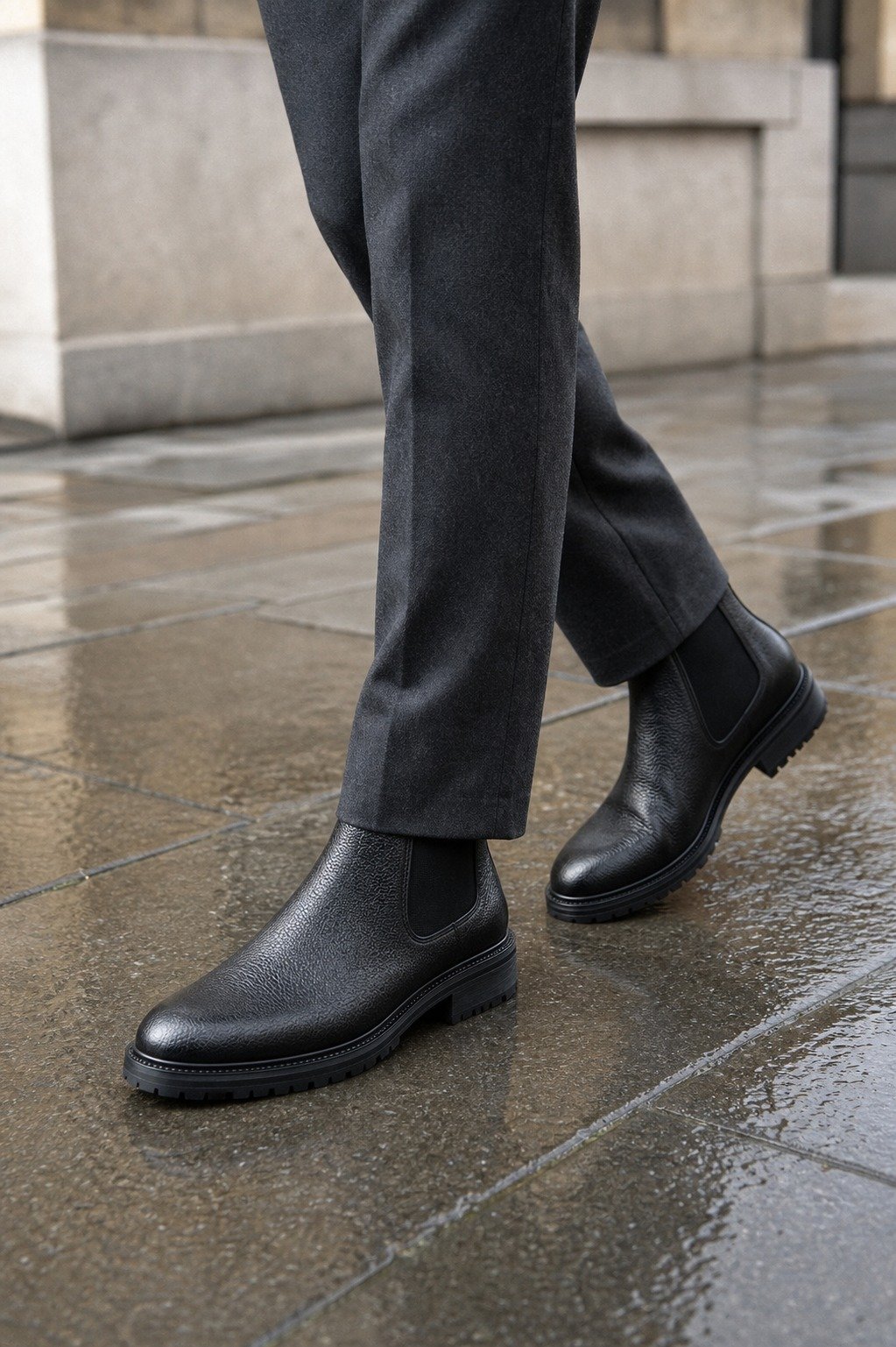 Blackthorn Black Grain Commando Chelsea Boot styled with tailored trousers