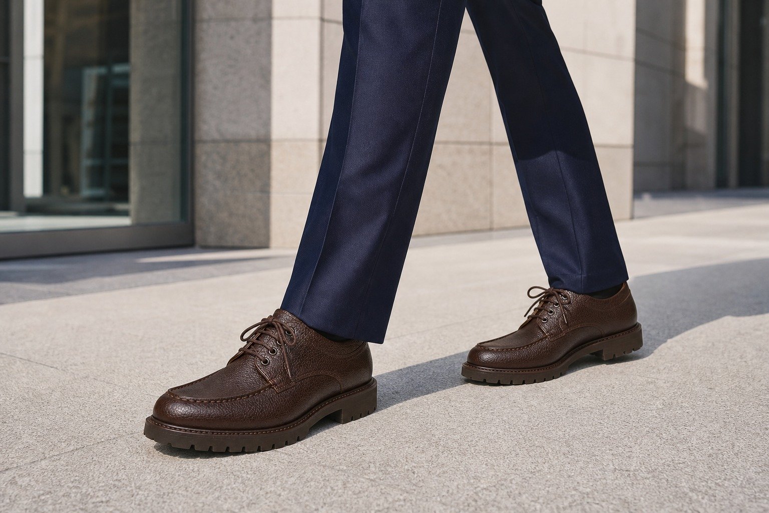 Brackenmere Dark Brown Grain Moc Toe Lug Derby styled with tailored trousers