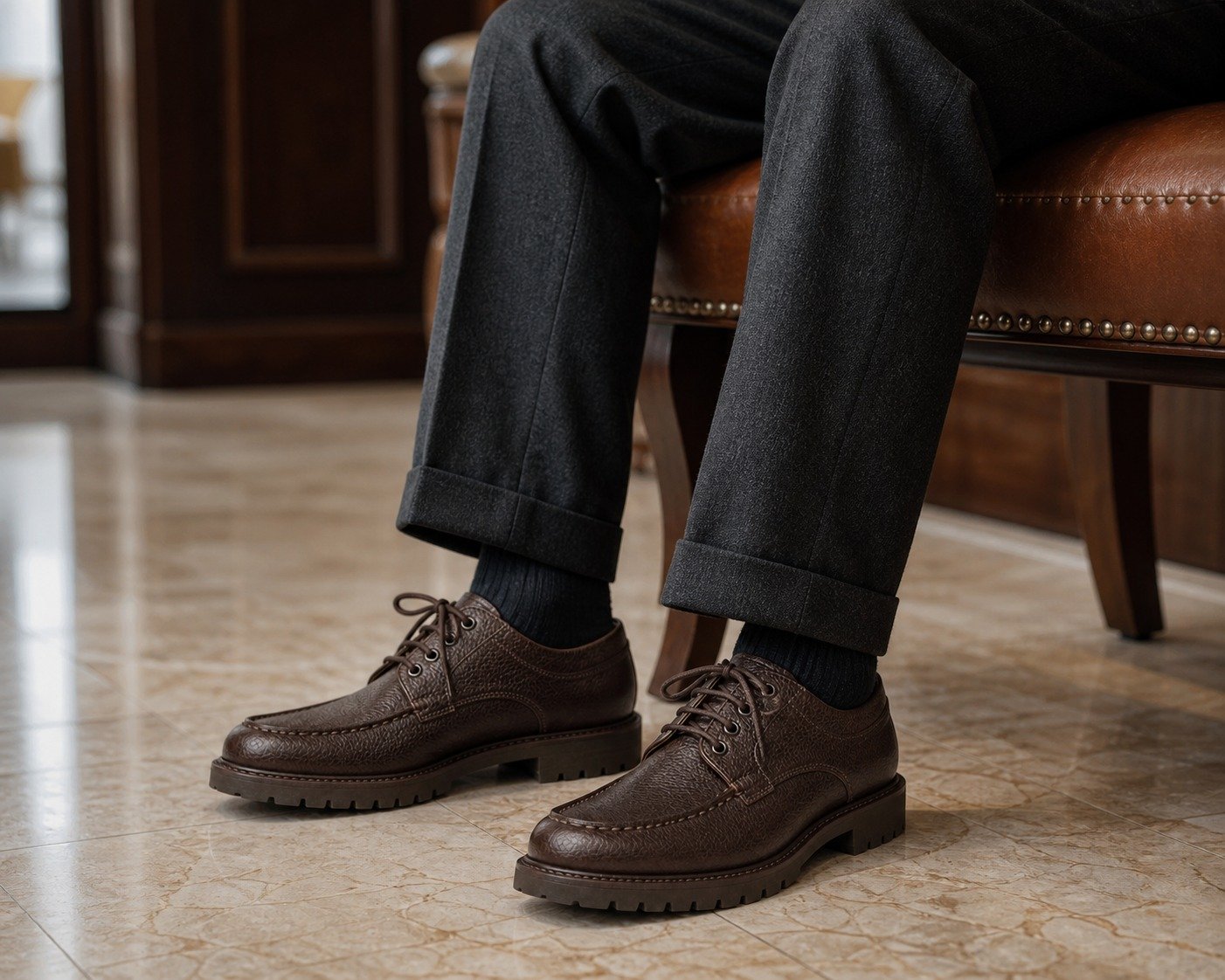 Brackenmere Dark Brown Grain Moc Toe Lug Derby styled, secondary view