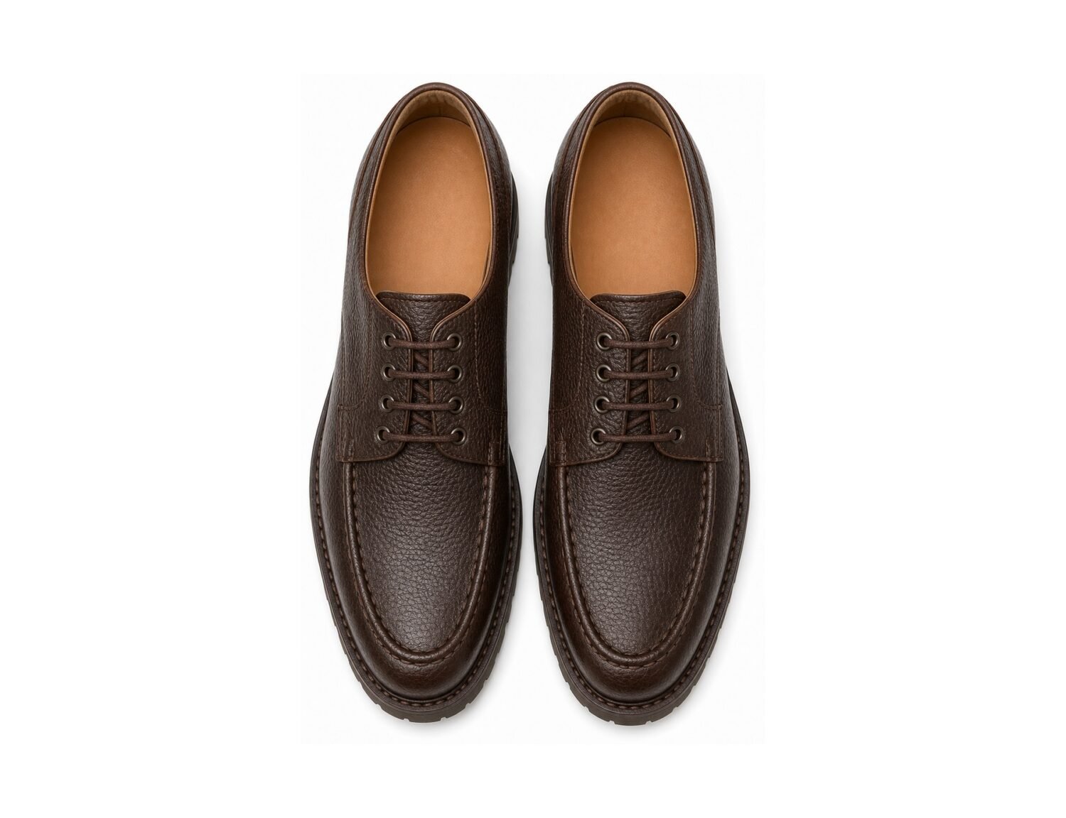 Brackenmere Dark Brown Grain Moc Toe Lug Derby - White BG Top View Pair