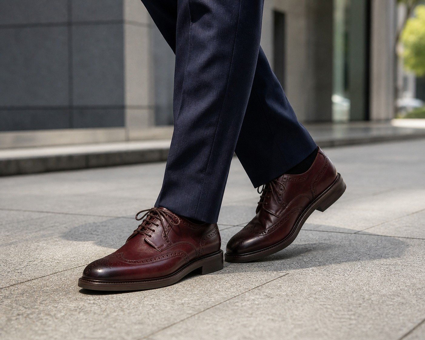 Calverdon Burgundy Calf Longwing Blucher styled with tailored trousers
