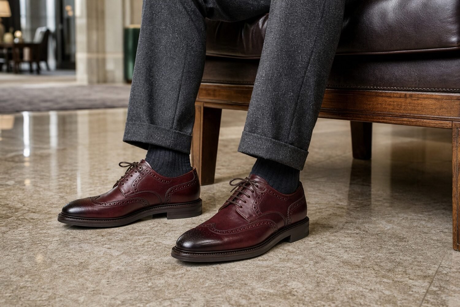 Calverdon Burgundy Calf Longwing Blucher styled - lifestyle secondary