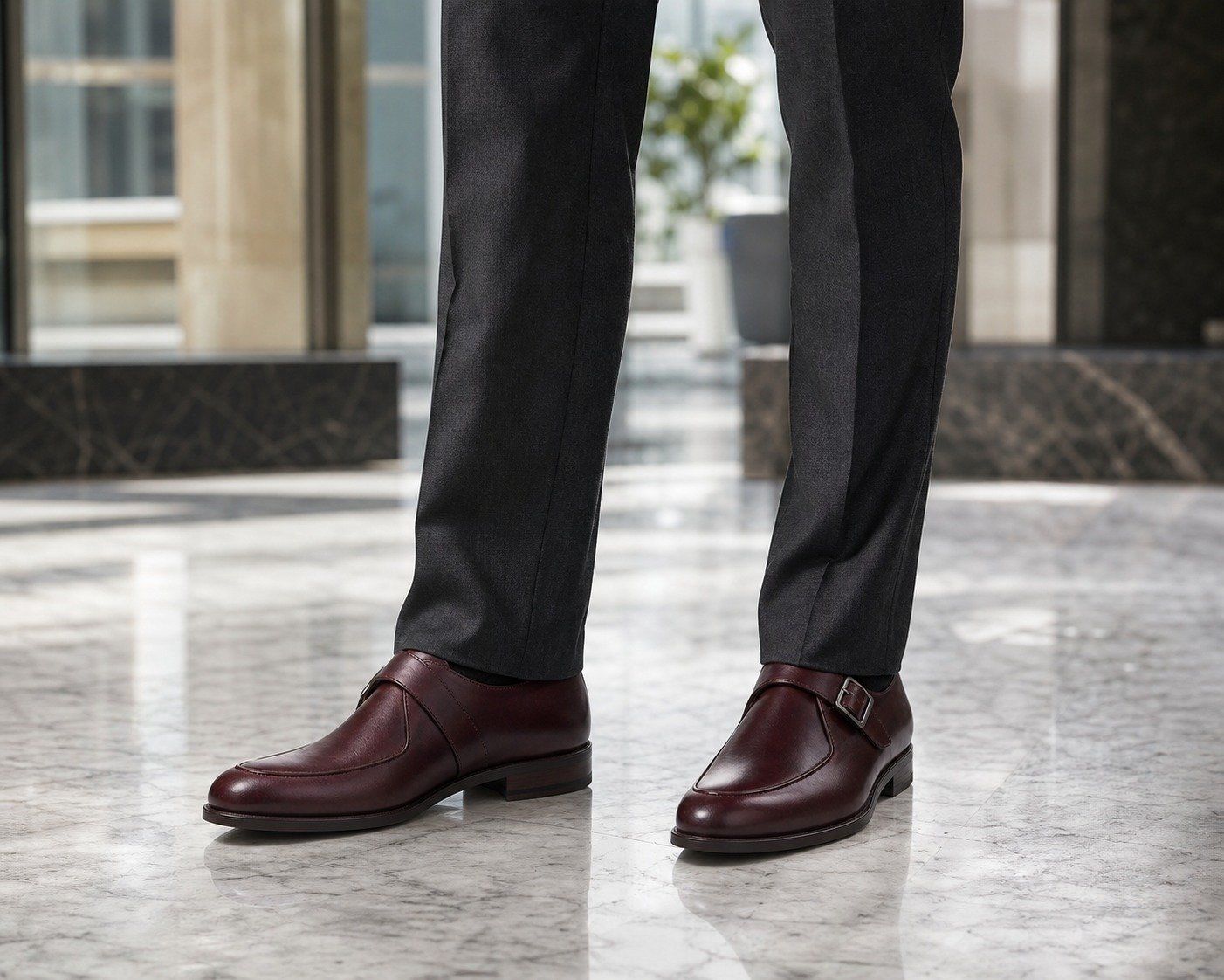 Claretto Burgundy Single Monk styled with tailored trousers