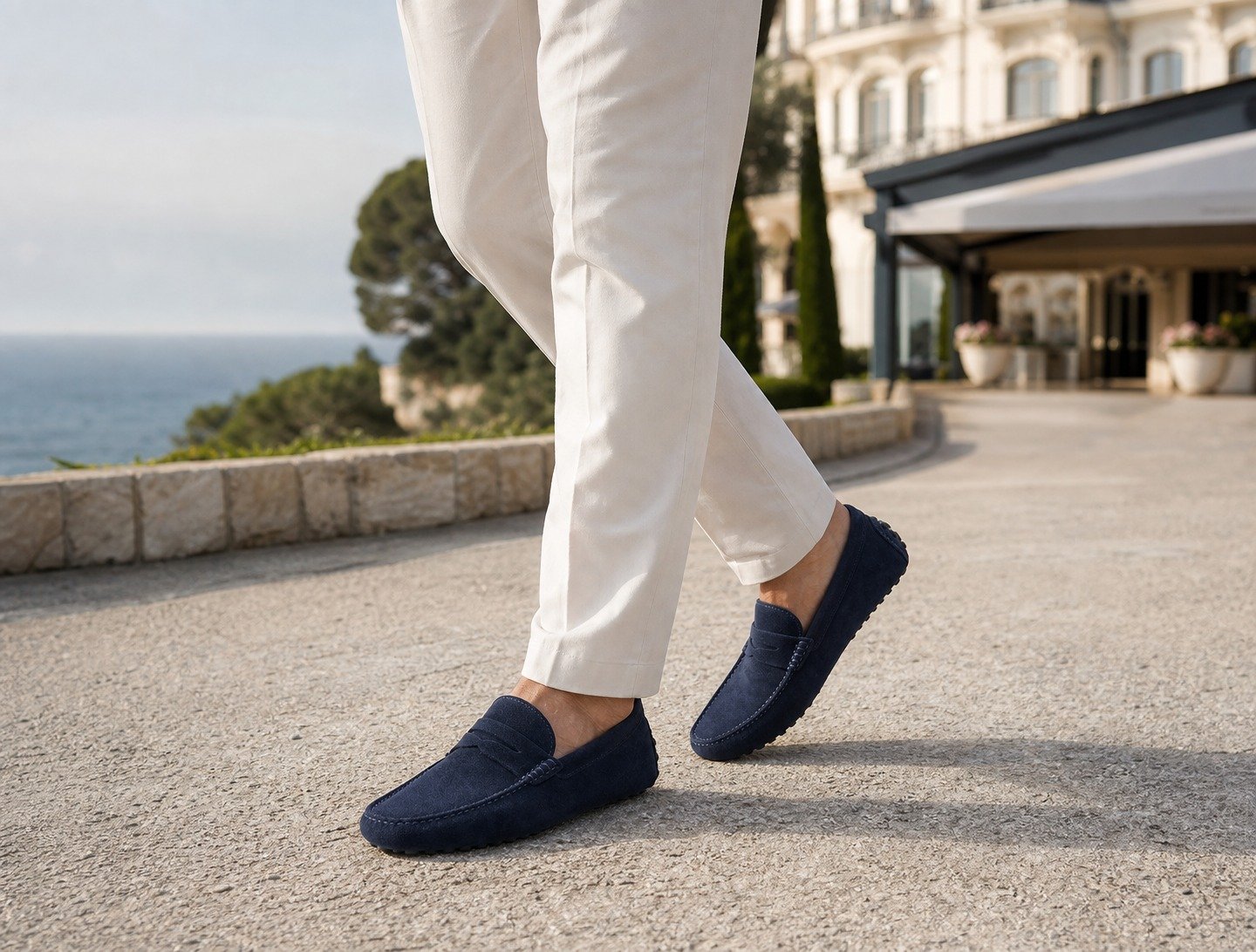Coastwick Navy Suede Driving Loafer styled with tailored trousers