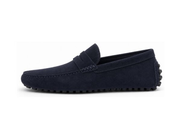 Coastwick Navy Suede Driving Loafer - White BG Side Profile