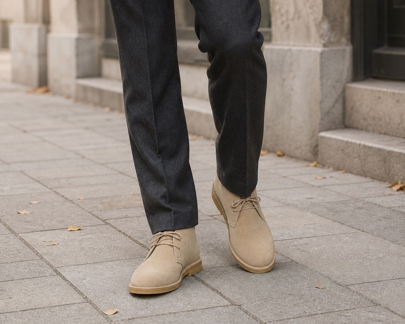 Dunewick Sand Suede Desert Boot styled with tailored trousers
