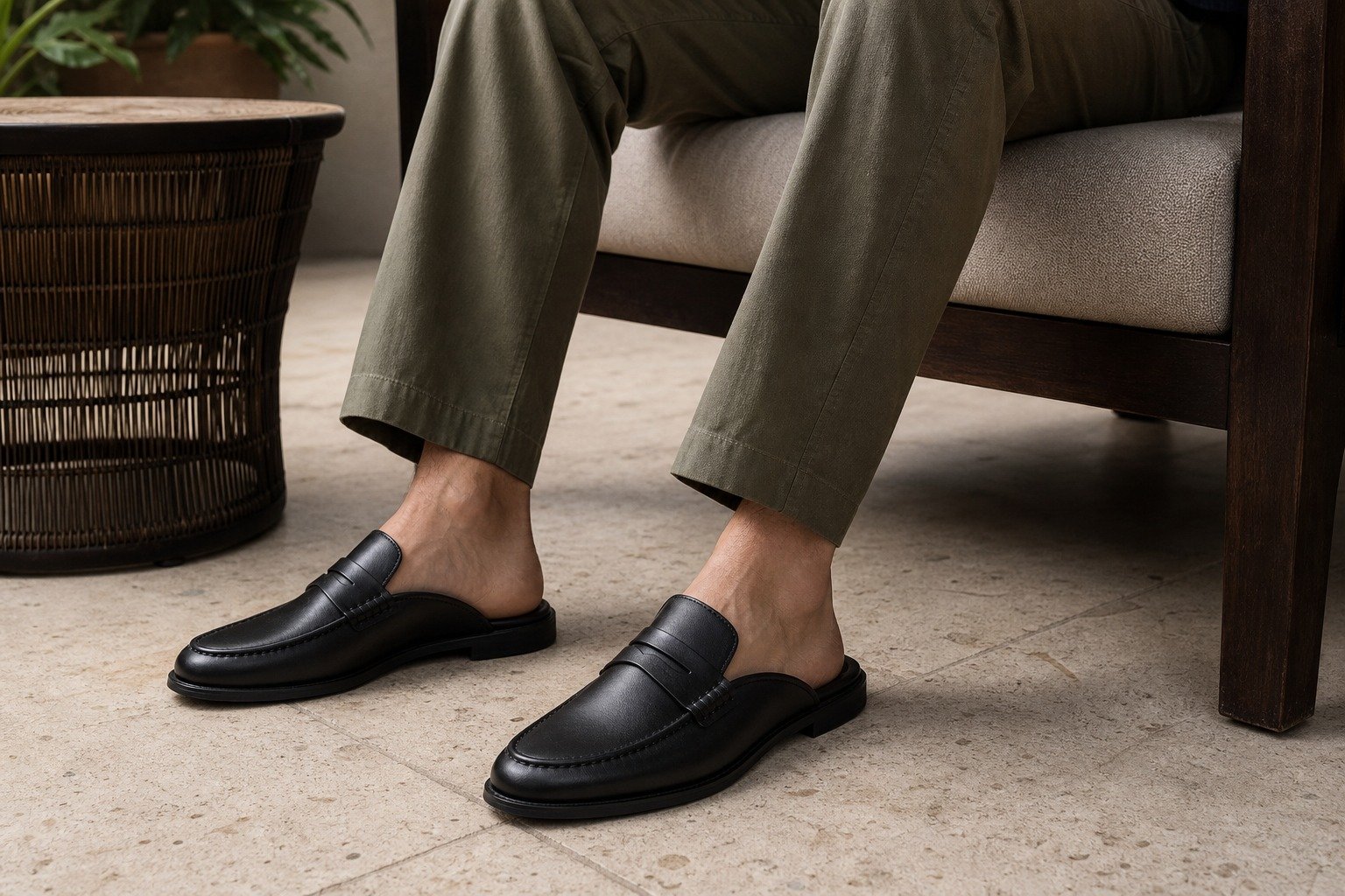 Ellermere Black Calf Backless Penny Loafer Mule styled, secondary view