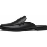 Ellermere Black Calf Backless Penny Loafer Mule - White BG Side Profile