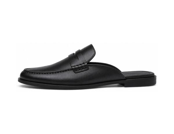 Ellermere Black Calf Backless Penny Loafer Mule - White BG Side Profile