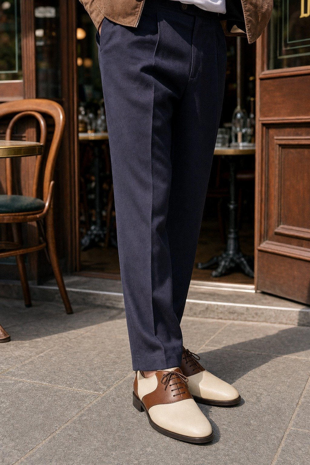 Fairwick Brown Cream Two-Tone Saddle Shoe styled with tailored trousers