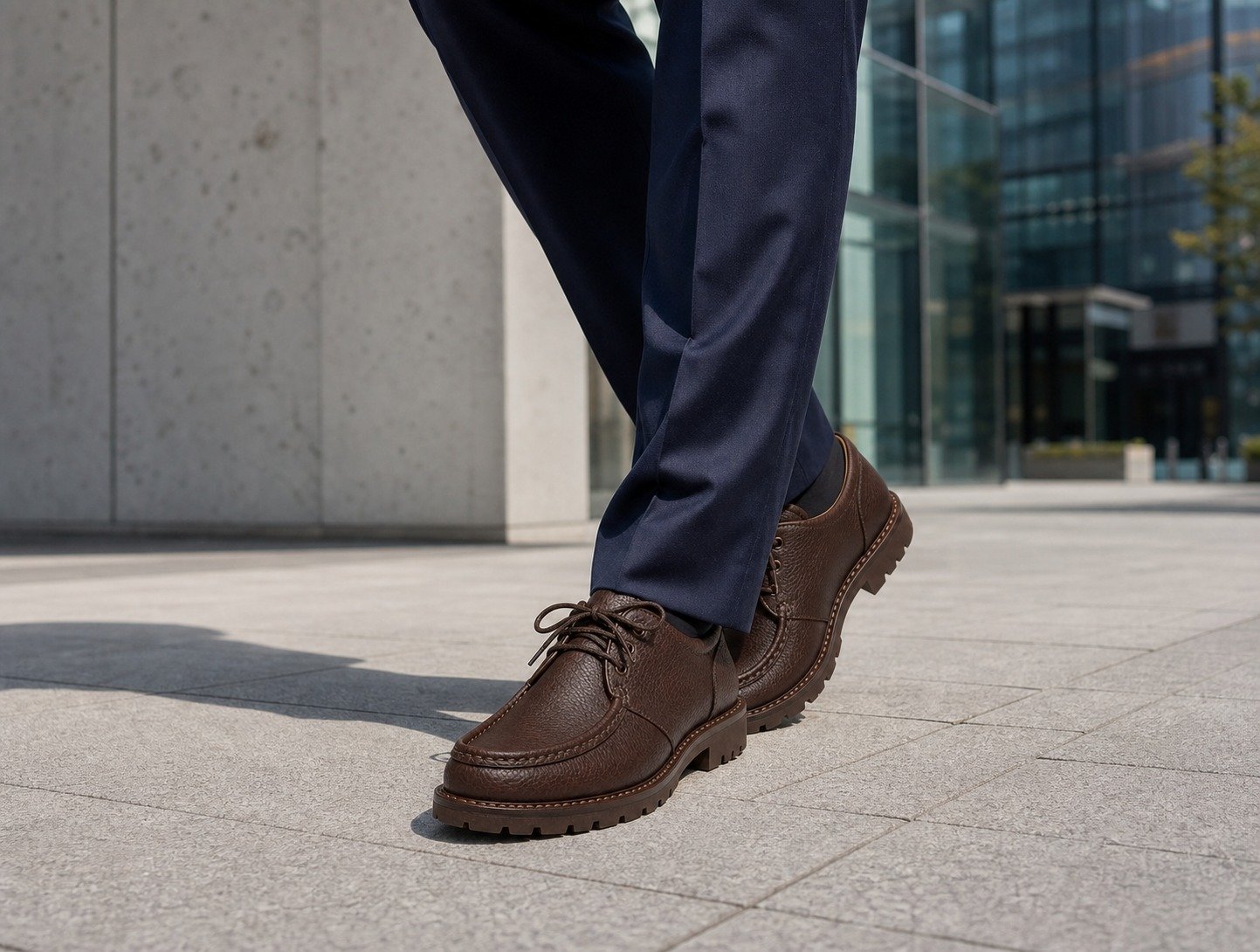 Fenmarsh Chocolate Grain Tyrolean Derby styled with tailored trousers