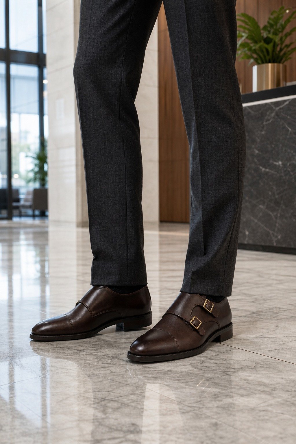 Grosmont Dark Brown Double Monk styled with tailored trousers