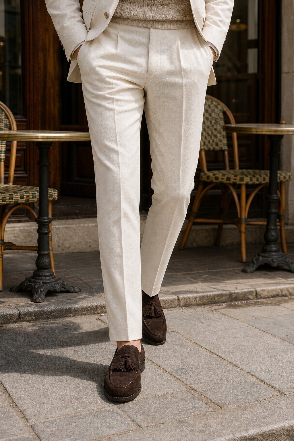 Hartwyne Dark Brown Suede Kiltie Tassel Loafer styled with tailored trousers