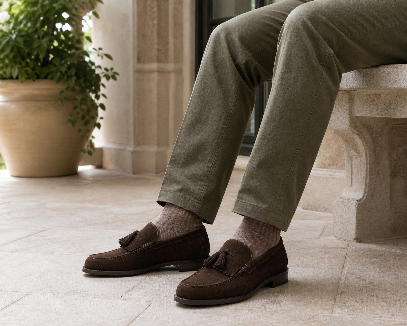 Hartwyne Dark Brown Suede Kiltie Tassel Loafer styled, secondary view