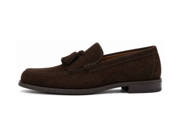 Hartwyne Dark Brown Suede Kiltie Tassel Loafer - White BG Side Profile