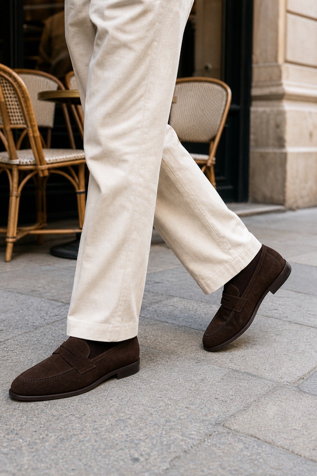 Hawkridge Dark Brown Suede Penny Loafer styled with tailored trousers