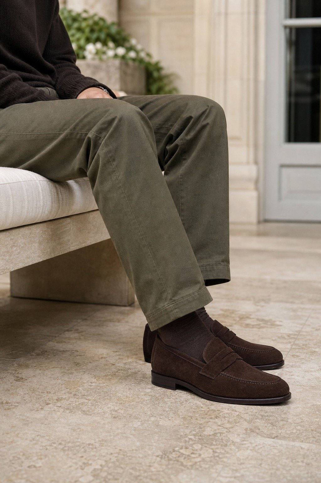 Hawkridge Dark Brown Suede Penny Loafer styled, secondary view
