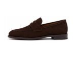 Hawkridge Dark Brown Suede Penny Loafer - White BG Side Profile