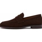 Hawkridge Dark Brown Suede Penny Loafer - White BG Side Profile