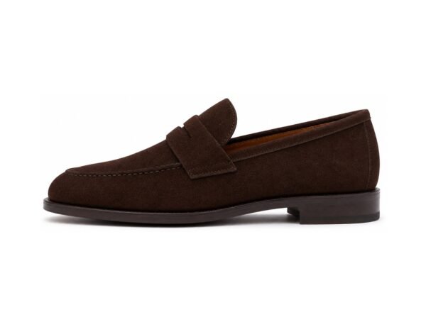 Hawkridge Dark Brown Suede Penny Loafer - White BG Side Profile