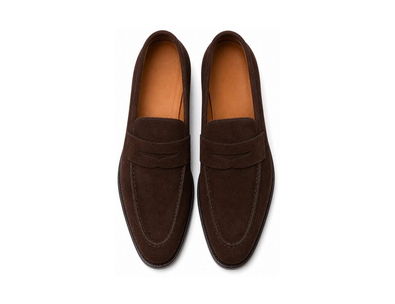 Hawkridge Dark Brown Suede Penny Loafer - White BG Top View Pair