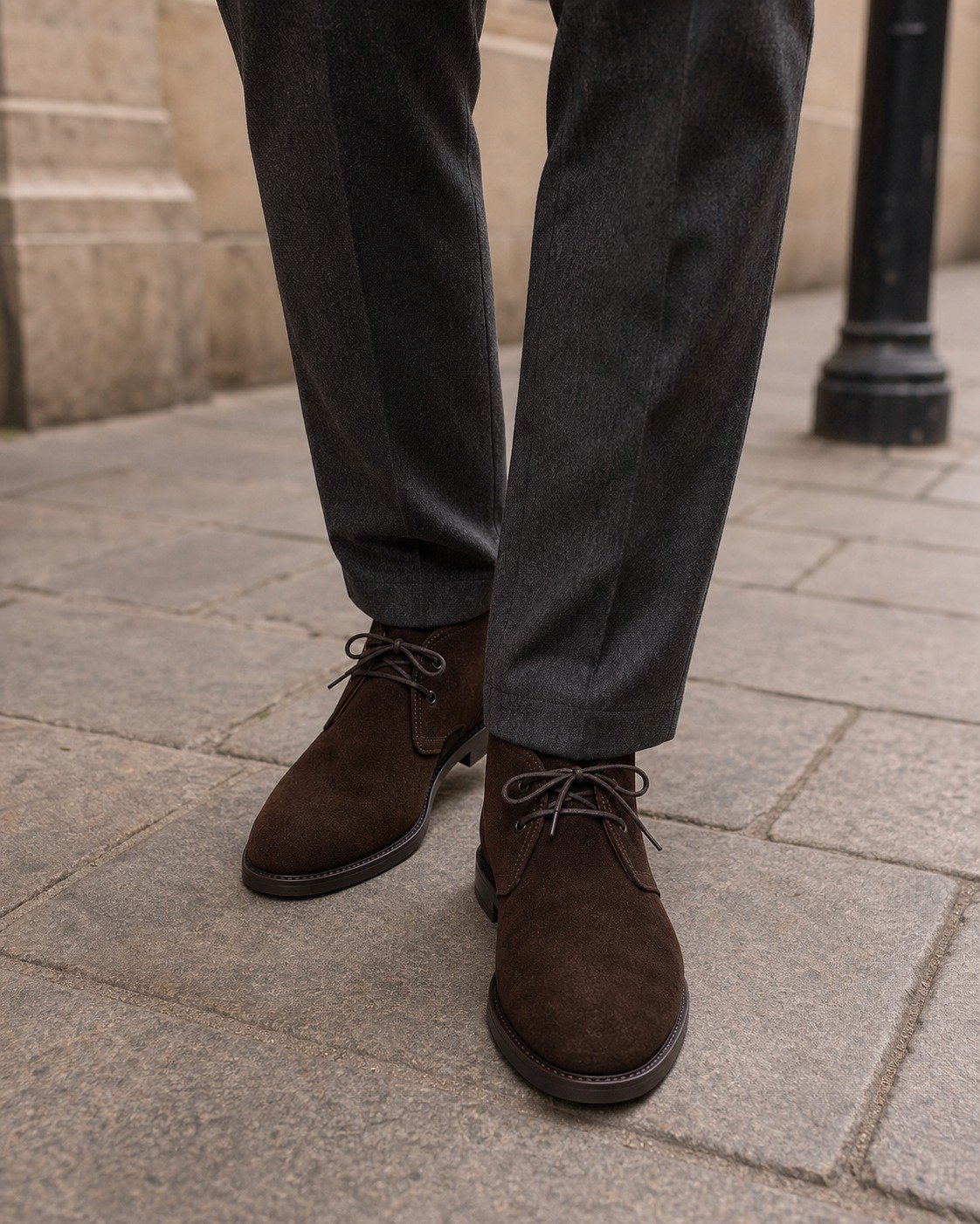 Heathford Dark Brown Suede Chukka Boot styled with tailored trousers