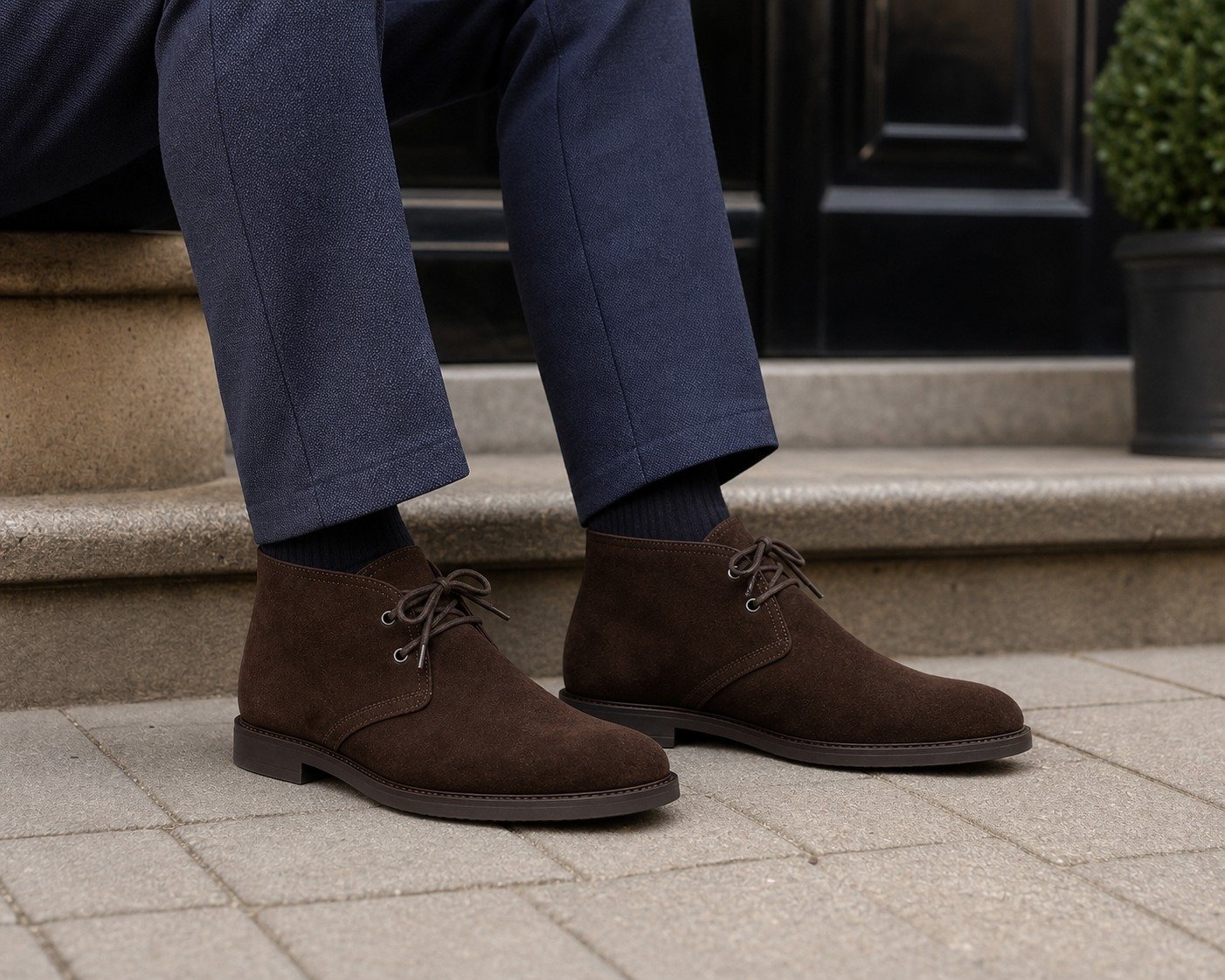 Heathford Dark Brown Suede Chukka Boot styled, secondary view