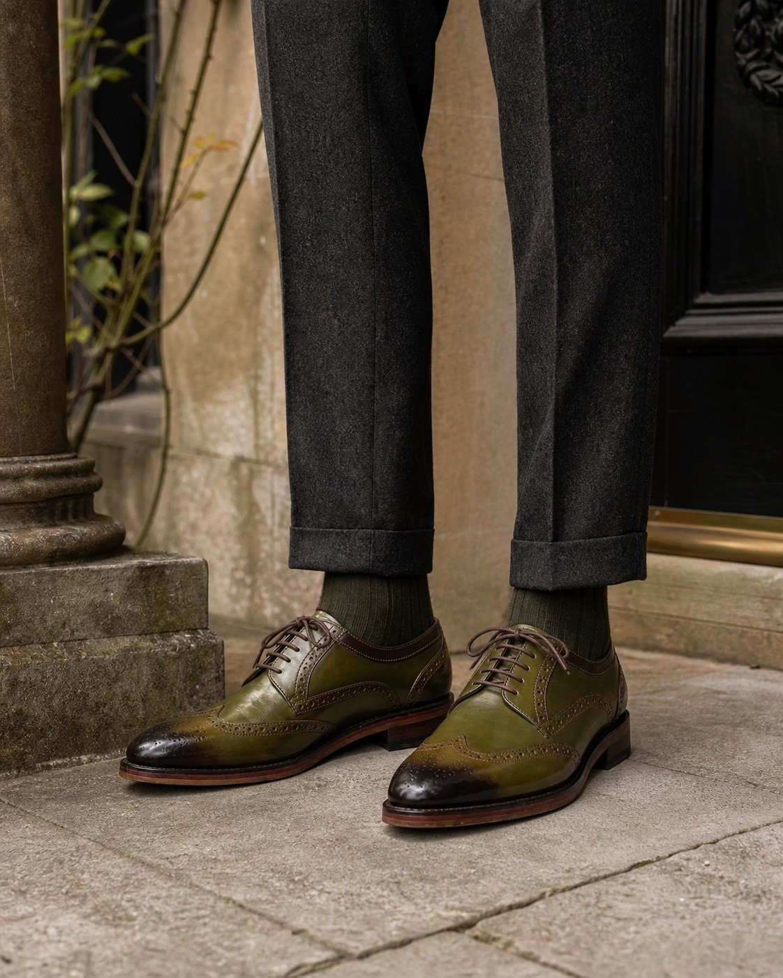 Kensington Olive Derby styled with tailored trousers