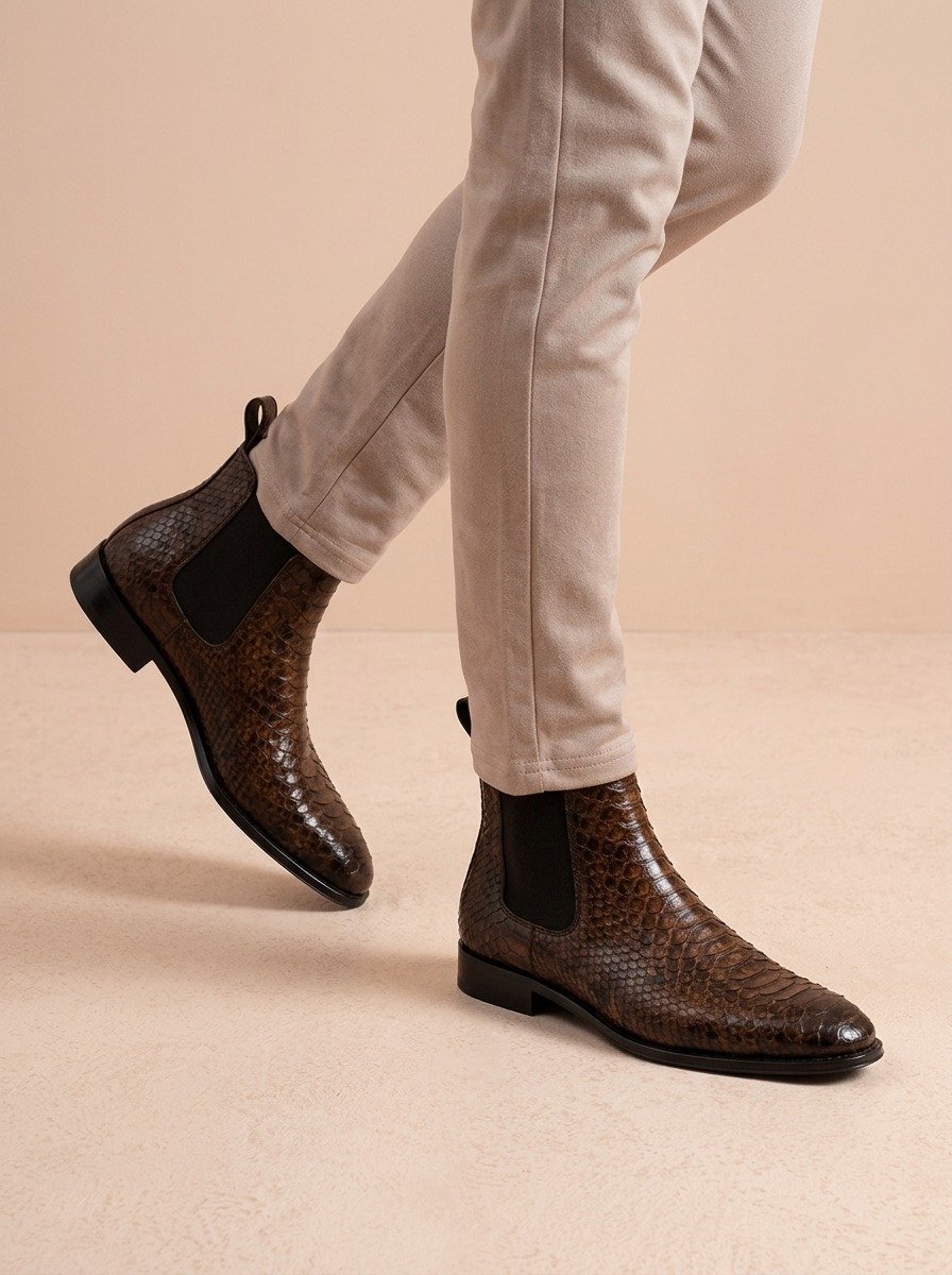 Kingshale Brown Exotic Chelsea Boot styled with tailored trousers